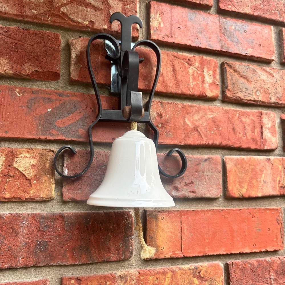 Vintage Farmhouse White Ceramic Wall Mounted Dinner Bell Black Wrought Iron